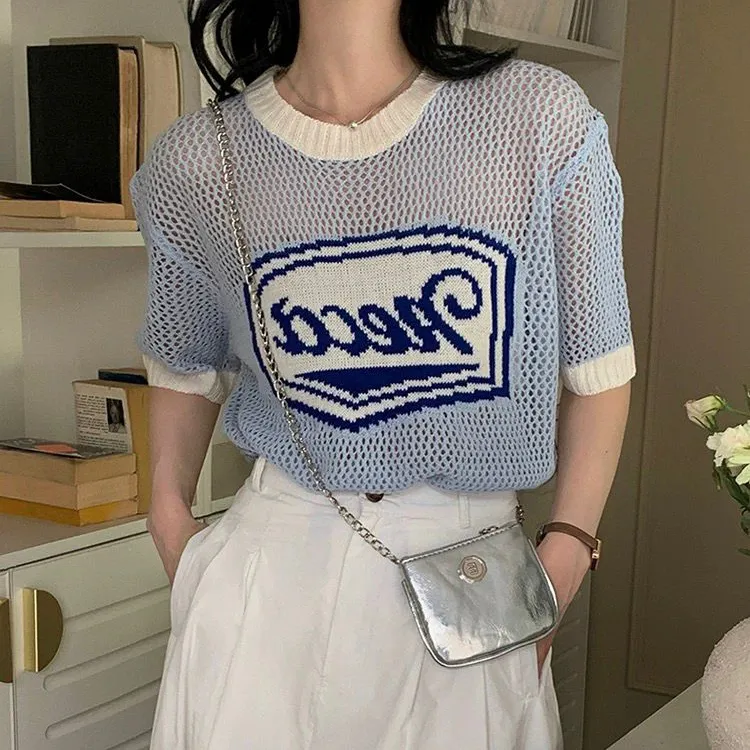 简约设计感洋气圆领拼色短袖上衣镂空针织衫JYY100