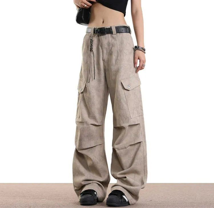 美式复古大理石暗纹口袋直筒阔腿工装裤男女宽松Cargo伞兵裤休闲