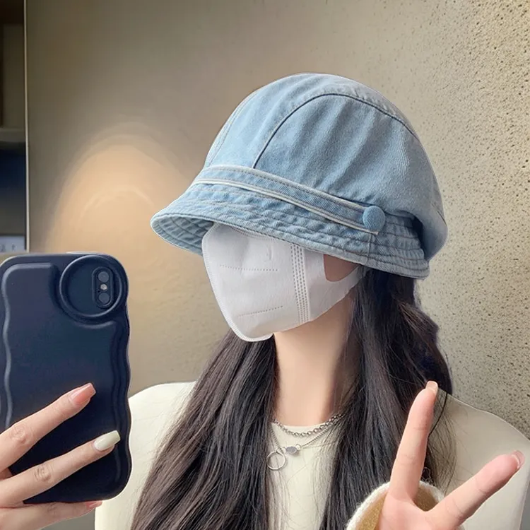 韩版百搭显脸小牛仔渔夫帽女春夏新款英伦短檐贝雷盆帽可折叠四季