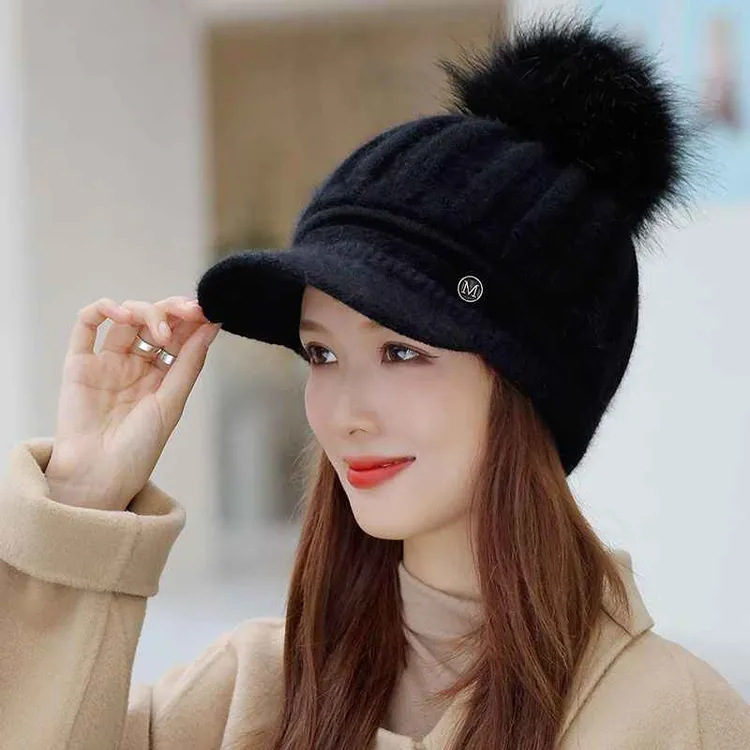 帽子女秋冬季韩版加绒加厚护耳保暖帽骑车鸭舌帽针织兔毛帽毛线帽