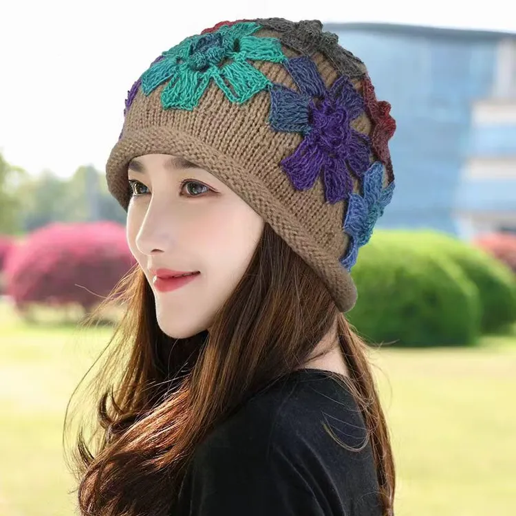 日系甜美手钩彩色立体花朵包头帽女秋冬保暖堆堆帽时尚针织毛线帽