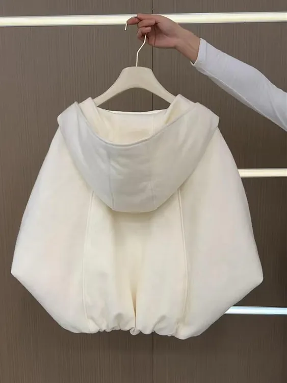 2024新款冬女韩系独特米白色连帽短款棉服茧型宽松加厚外套小个子