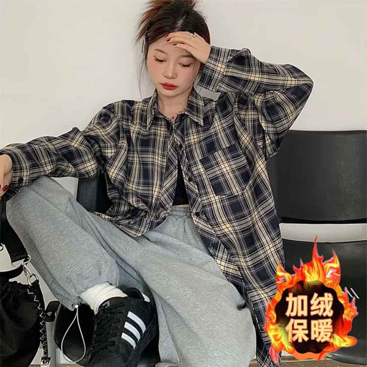 藏蓝色美式复古格子衬衫女加绒外套宽松慵懒松弛感长袖保暖衬衣