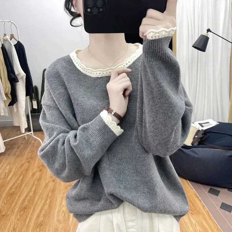 韩系花边领厚款秋冬针织衫女减龄洋气宽松上衣2024圆领打底衫毛衣