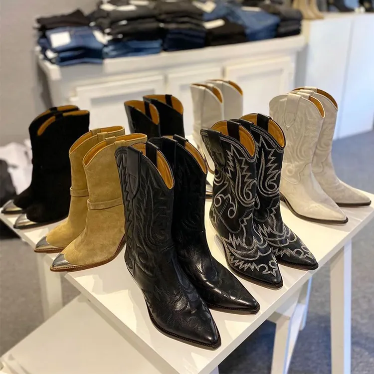 maybebaby秋冬白色尖头西部牛仔靴复古做旧刺绣瘦瘦靴中筒骑士靴