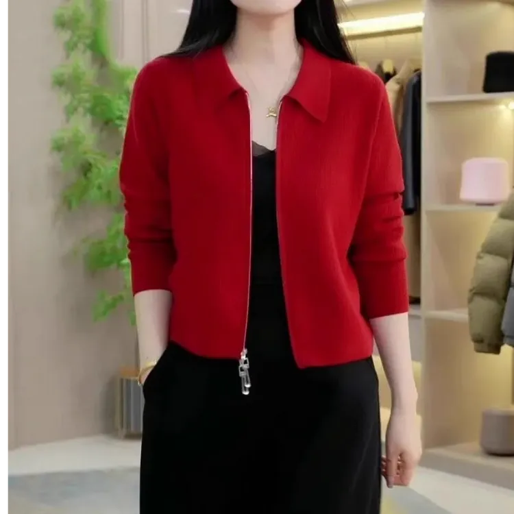 小香风毛衣外套女春秋外搭简约上衣宽松显瘦拉链短款毛衣针织开衫