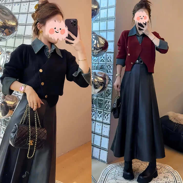 2024韩版新款女装秋冬季牛仔拼接针织毛衣+半身裙长裙皮裙两件套