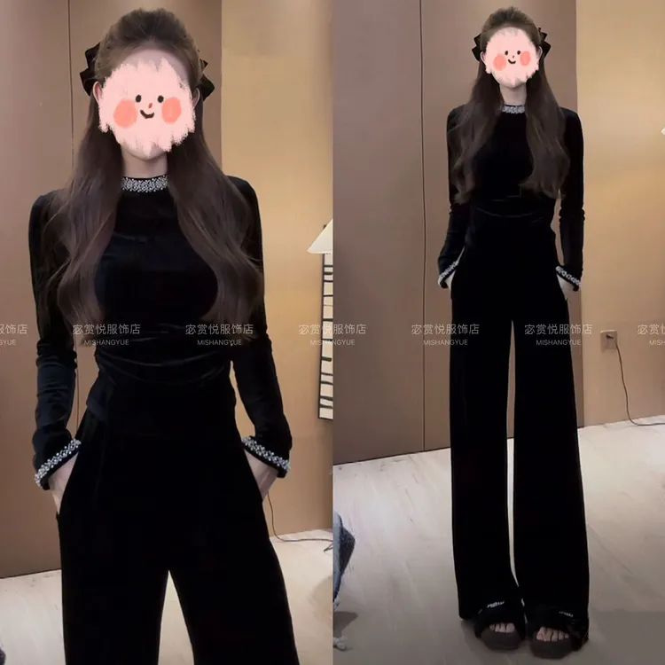 时尚潮流百搭精品女装冬季一整套上衣丝绒裤子两件套高贵气质高档