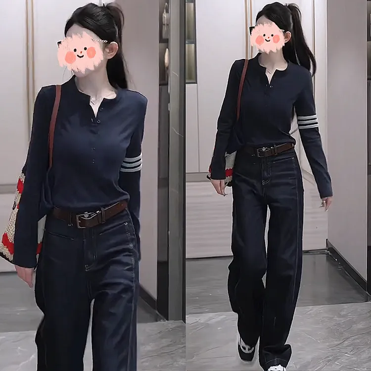 早秋显瘦长袖T恤+牛仔弯刀裤秋季女装气质网红洋气休闲套装韩版