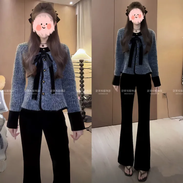 时尚洋气女装流行小香风套装气质上衣裤子两件套女秋冬显瘦黑色