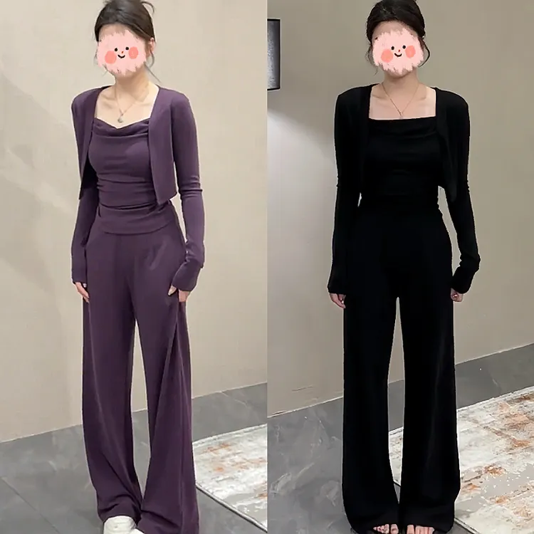 套装上衣显瘦阔腿裤气质长袖高腰时尚裤子垂感春秋休闲长裤秋季