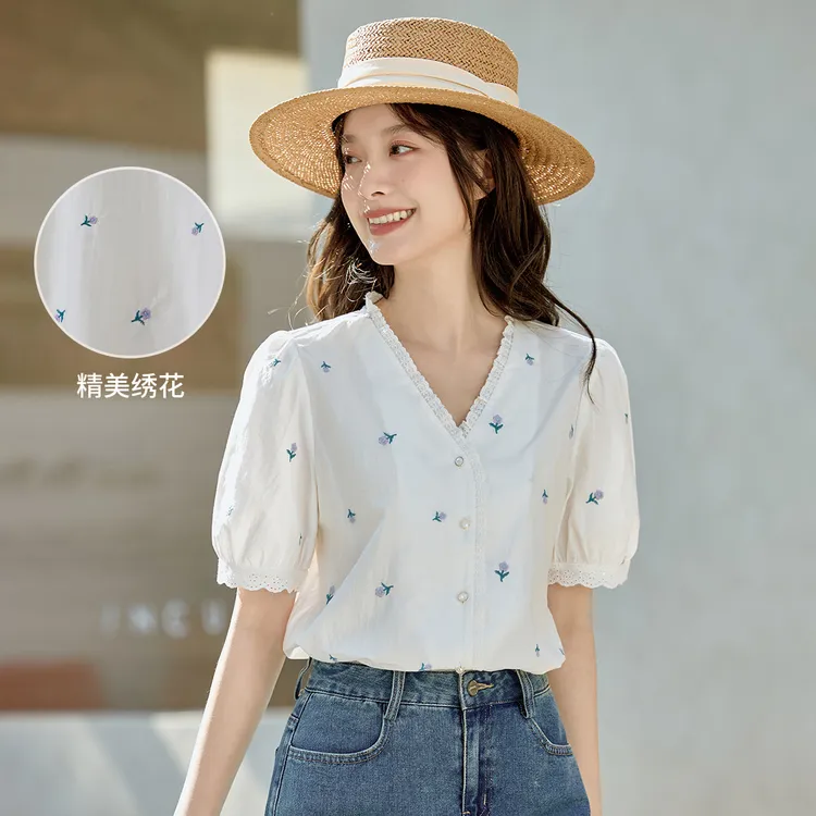 【尤莱特】茵曼夏季法式气质小清新刺绣短袖纯棉花边V领白衬衫女