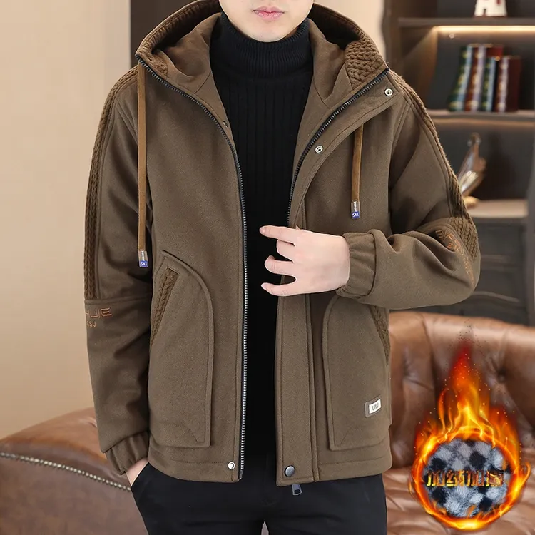 高档连帽拼接加绒加厚毛呢外套男士秋冬款保暖时尚休闲呢上衣8290