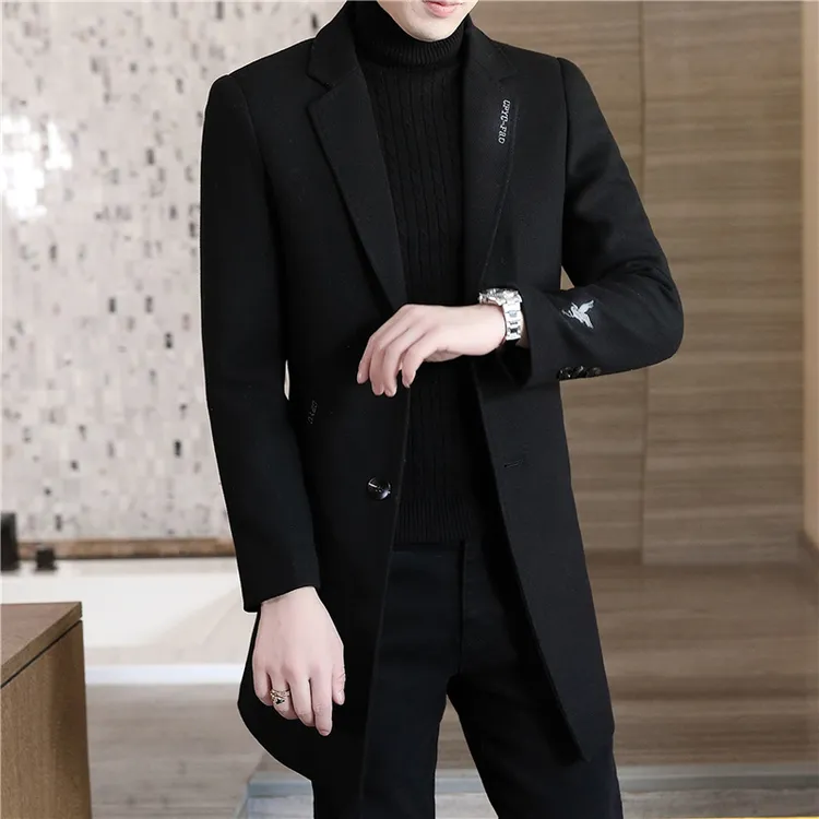 高档韩版中长款加厚羊毛呢外套男士秋冬英伦时尚休闲毛呢大衣909