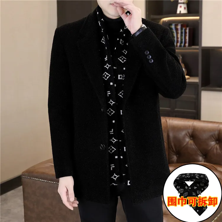 高档西装领加绒加厚毛呢外套男士秋冬款保暖时尚休闲呢大衣ZC878