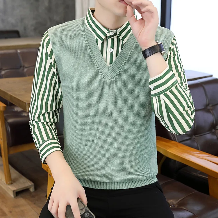 高档假两件衬衫领毛衣男秋冬时尚休闲竖条纹针织上衣品质男装8801