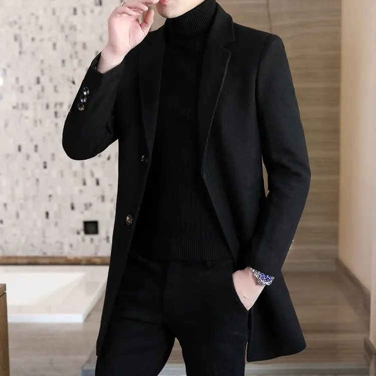 高档毛呢外套男士西装领加棉呢子百搭中长款大衣帅气品质男装881