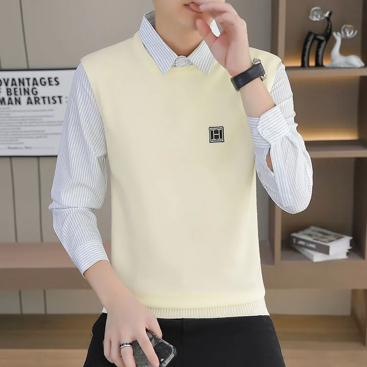 高档假两件衬衫领毛衣男士秋冬时尚休闲长袖打底针织衫男装16013