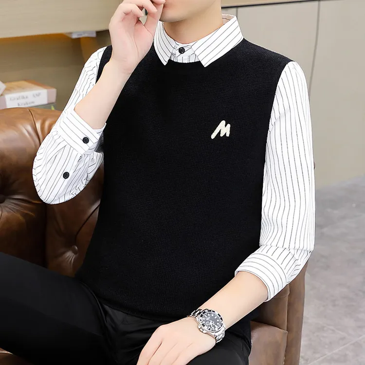 高档毛衣男假两件衬衫领时尚帅气上衣打底条纹百搭针织衫品质男装