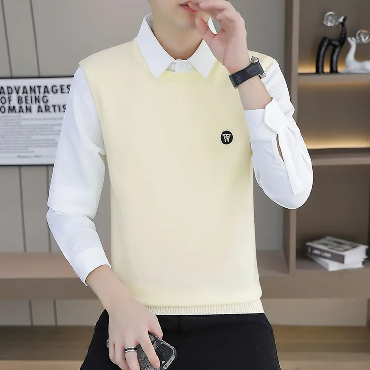 高档假两件衬衫领毛衣男士秋冬时尚休闲长袖打底针织衫男装16012