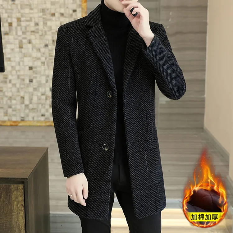 高档毛呢大衣男士中长款加棉加厚外套时尚帅气秋冬季洋气呢子1129