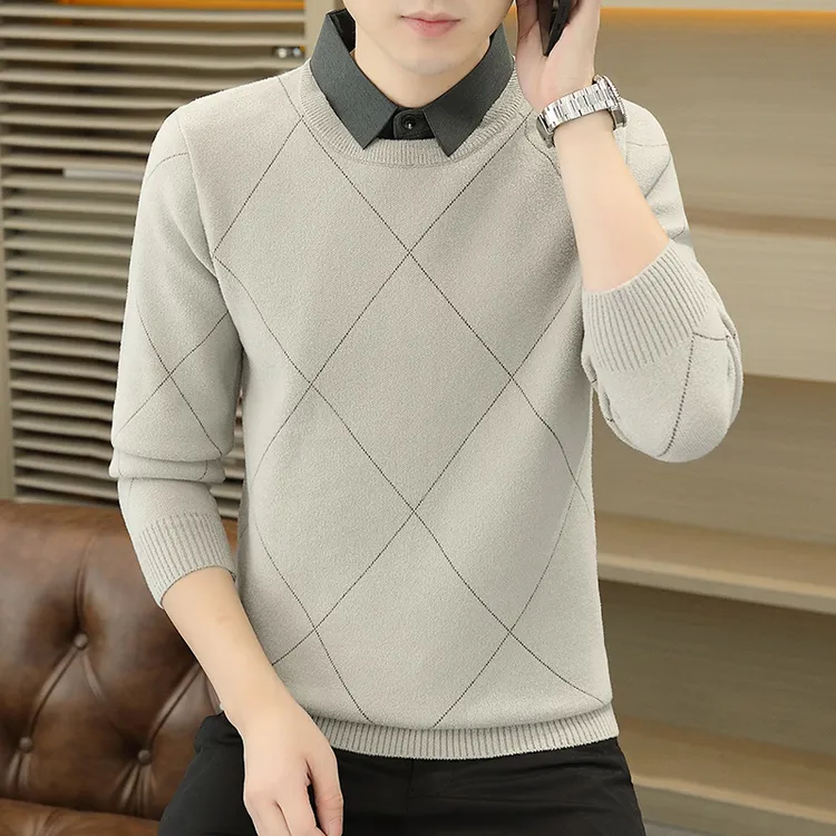 高档假两件衬衫领提花毛衣男士秋冬时尚长袖打底针织衫男装23139