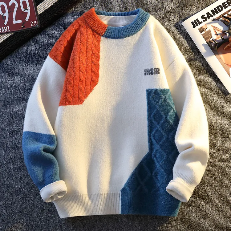 高档圆领拼色提花毛衣男士秋冬款时尚休闲打底针织衫品质男装7148