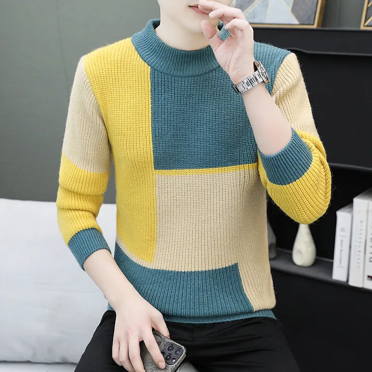 高档半高领拼色加厚毛衣男士秋冬保暖时尚打底针织衫品质男装9232