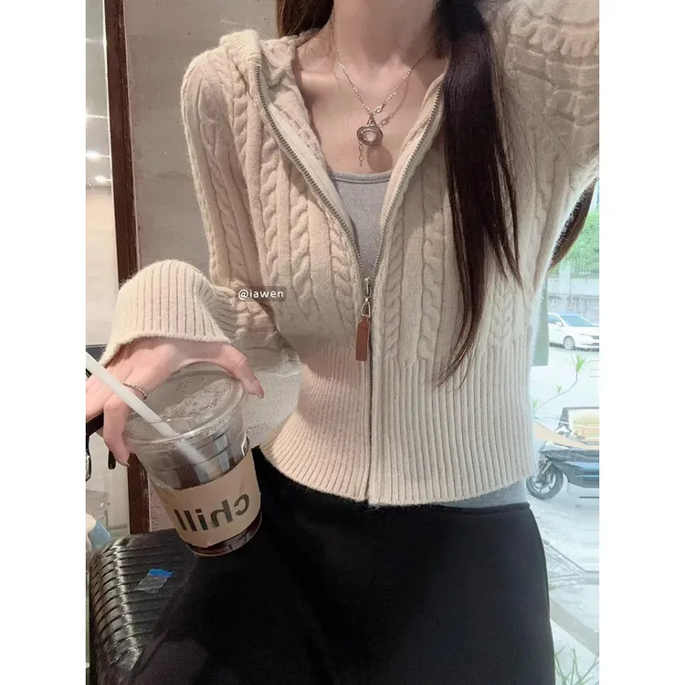 麻花连帽针织开衫女秋冬新款拉链毛衣小个子修身短款上衣外套外搭