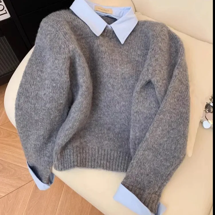 假两件衬衫领毛衣女秋装内搭慵懒风撞色翻领灰色针织衫上衣外套