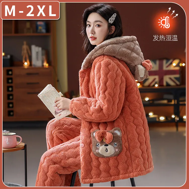 【一整套福利】睡衣女冬季保暖三层夹棉加绒加厚连帽套装家居服外穿