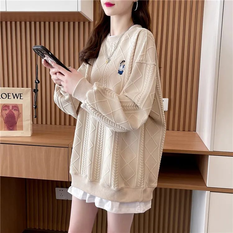 2025年春秋小熊卫衣女宽松中长款字母设计感大码假两件韩版百搭女