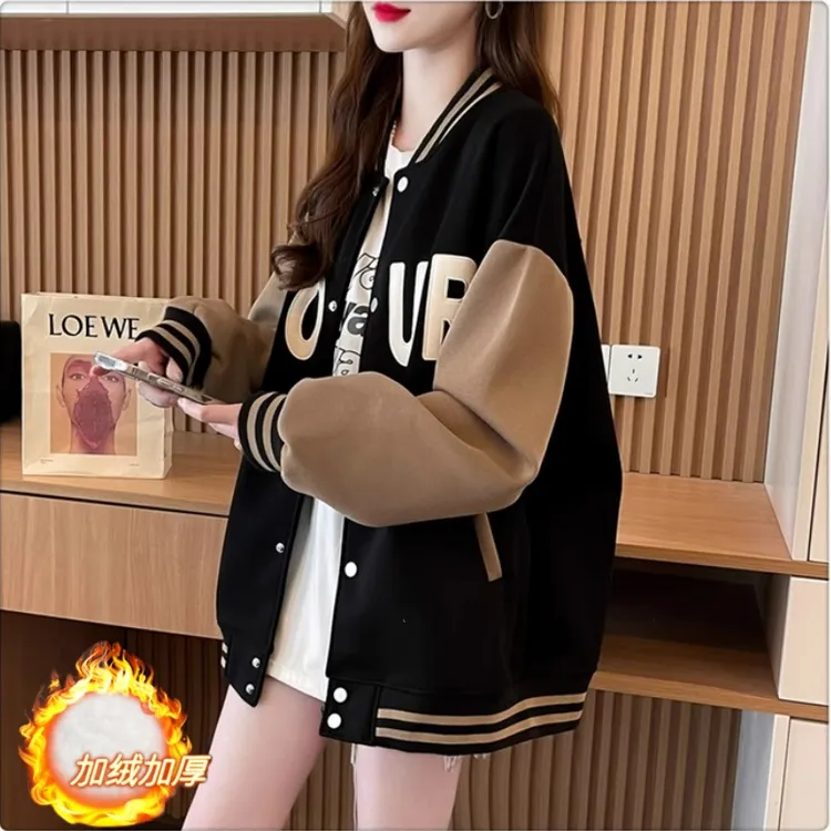 11-15岁女学生加绒外套女春秋冬新款棒球服外套女学生党宽松上衣