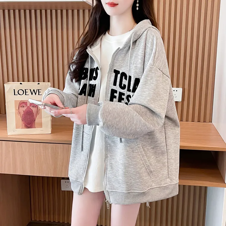 开衫外套女秋冬加绒加厚宽松韩版中长款学生女大码女装胖mm棒球服