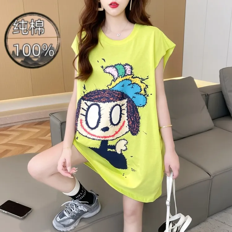 2025年夏季新款纯棉背心女宽松中长款设计感卡通印花遮屁股上衣女
