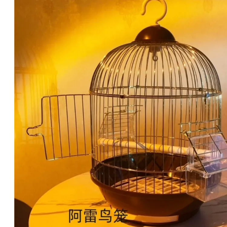鸟笼中号豪华透明笼金色虎皮笼外带便携专用金属鸟笼圆形养鸟笼