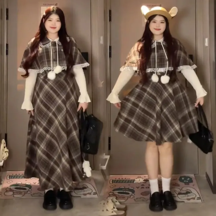 【焦糖卷云】秋冬可爱软妹格纹连衣裙斗篷两件套