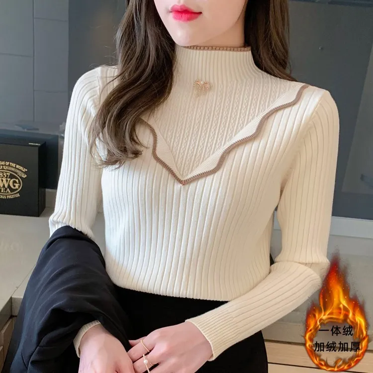 秋冬新款加绒加厚一体绒毛衣女针织打底衫女半高领百搭长袖上衣女