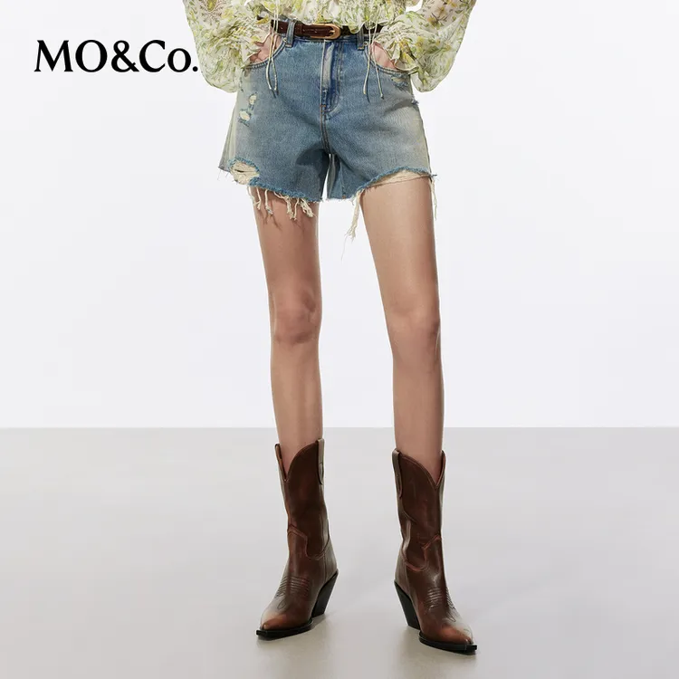 MOCO夏复古洗褪手磨破洞精裁中腰牛仔短裤MBD2SOT003