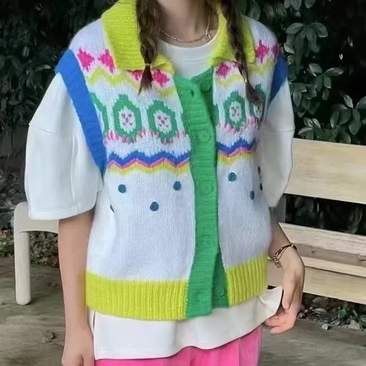 韩国女装彩色针织毛线无袖马甲背心休闲单排扣翻领开衫毛衣外套