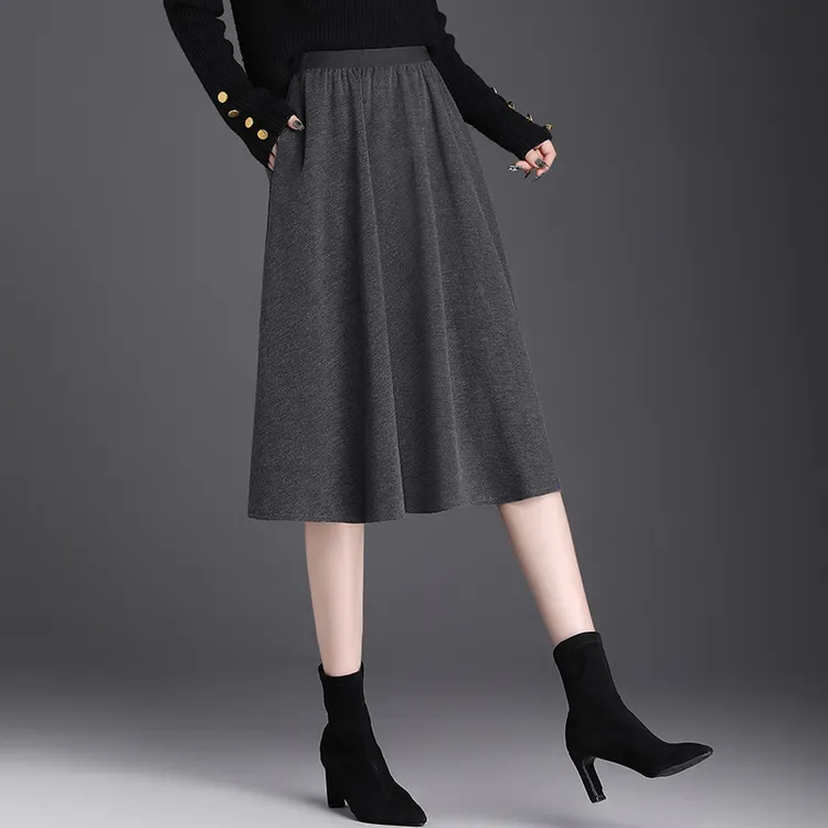半身裙女小个子2025秋冬新款松紧腰中长款春秋伞裙高腰口袋a字裙