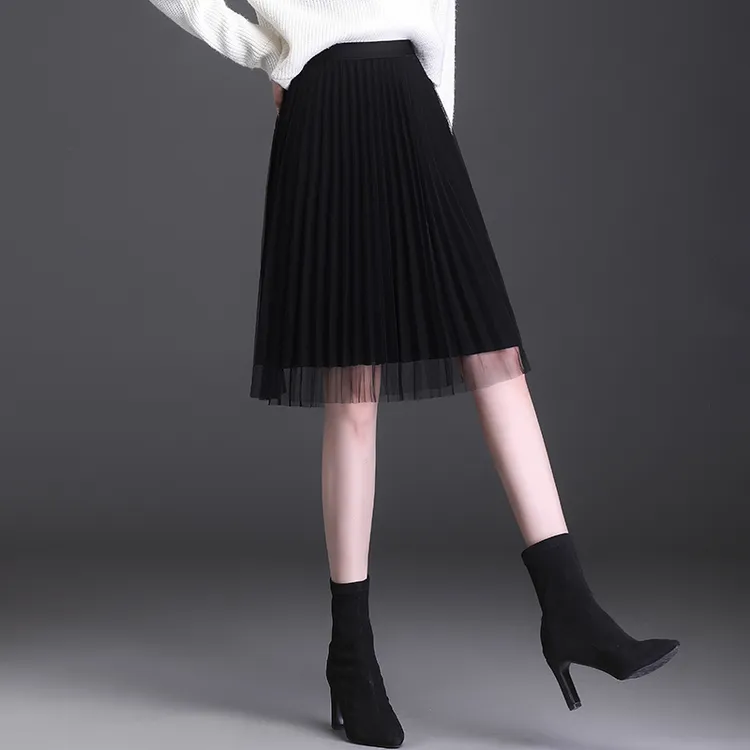 半身裙女百搭网纱小个子2025春秋新款高腰中长款秋冬百褶a字纱裙