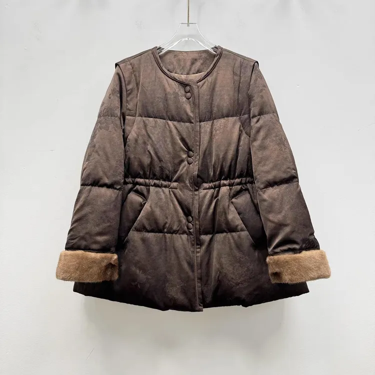 24中长款女装国风提花抽绳水貂毛袖口白鹅绒羽绒服女外套宽松显瘦