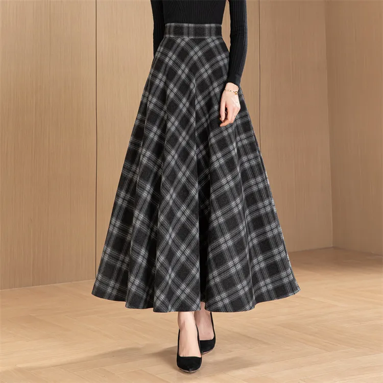 格子半身裙毛呢长裙大摆时尚复古气质秋冬裙子跳舞裙妈妈裙厚半裙