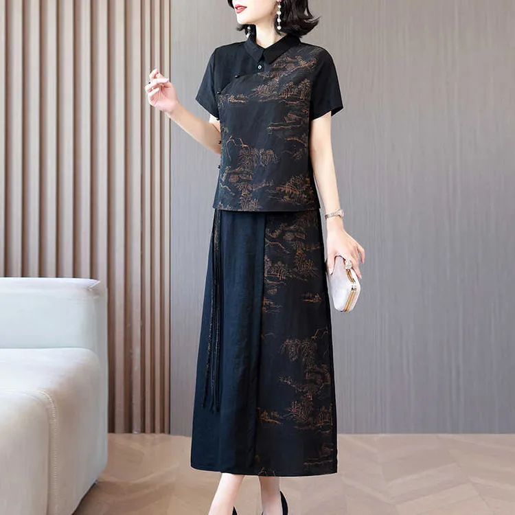 新中式洋气新款上衣半身裙旗袍阔太太夏贵夫人复古妈妈套装两件套