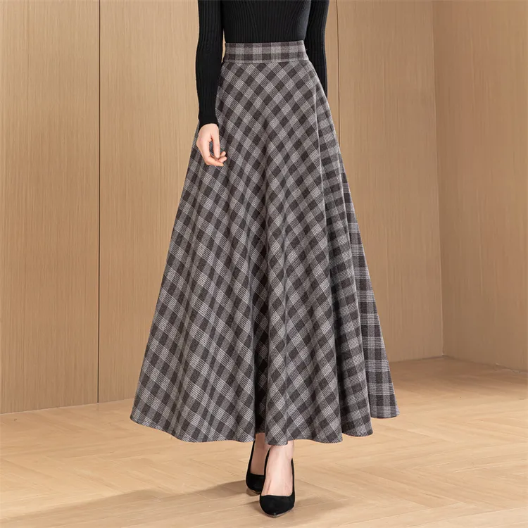 格子长裙秋冬毛呢长裙女半身裙大摆大码复古仙女裙子伞裙高腰半裙