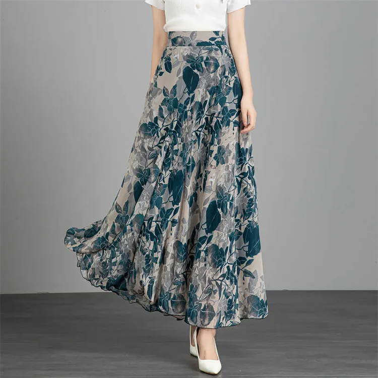 复古半身长裙夏新款舞裙显瘦印花女中长款大摆a字裙子垂感雪纺裙