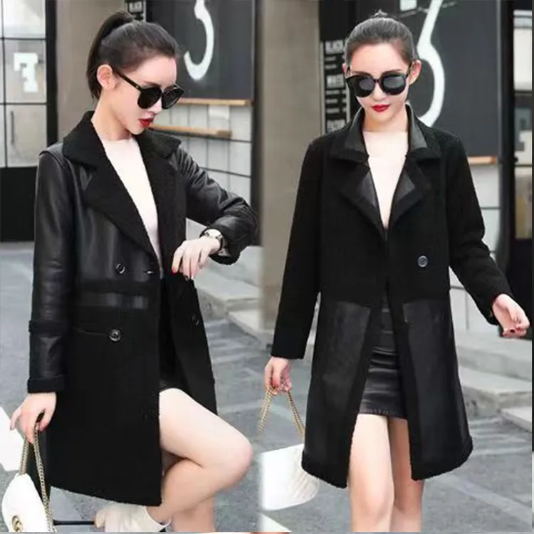 【wank】反季春秋新款女士皮毛一体好质量皮衣外套中长款风衣洋气