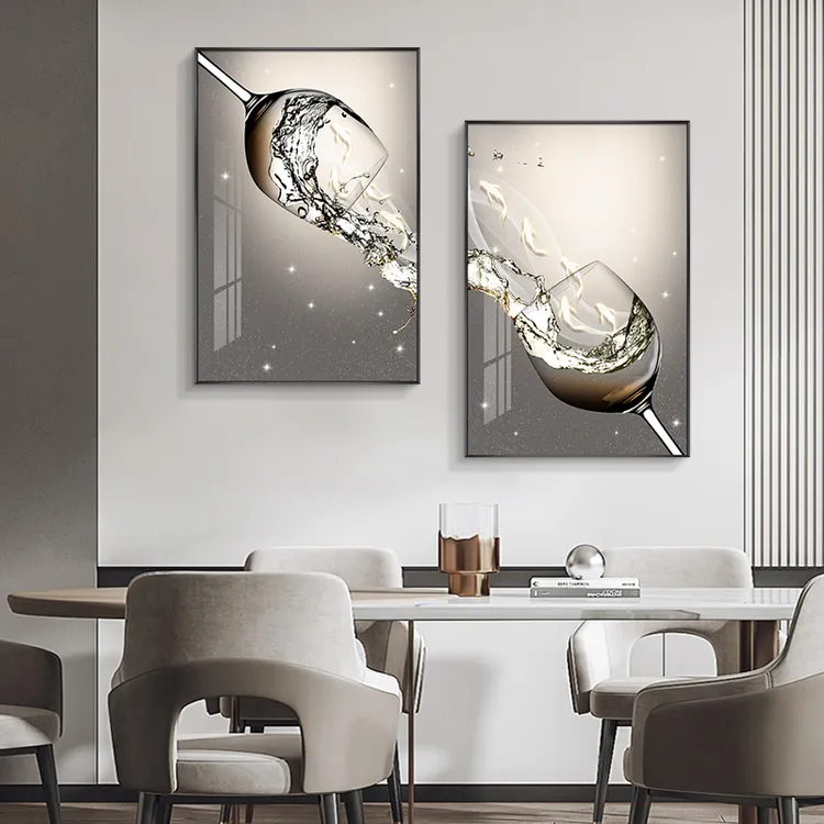 九鱼图双联餐厅装饰画创意酒杯挂画现代简约饭厅背景墙好寓意壁画