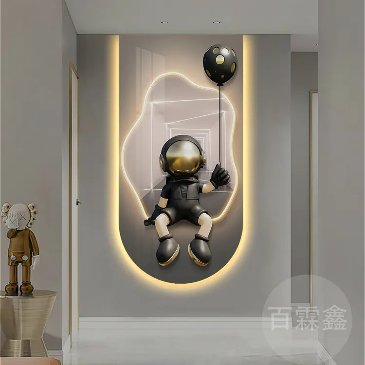 现代轻奢入户玄关装饰画高档客厅宇航员挂画走廊过道LED氛围灯画